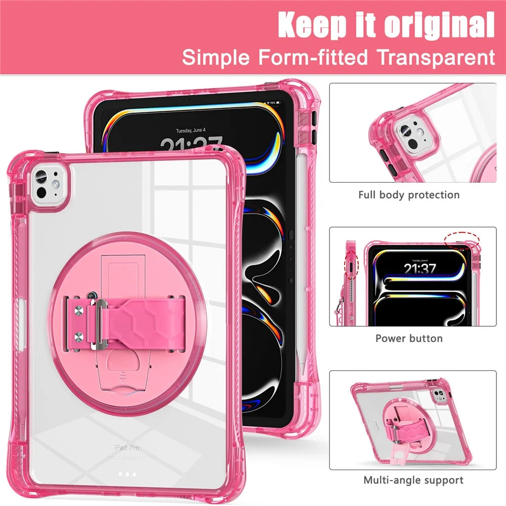 For iPad Pro 11 (2025) / 11 (2024) Case Hand Strap Kickstand PC+TPU+Acrylic Clear Tablet Cover - Rose - 6