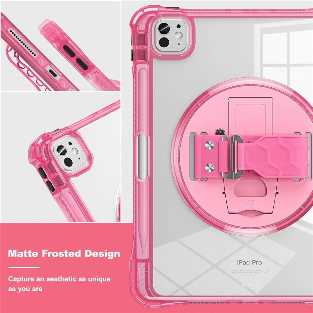 For iPad Pro 11 (2025) / 11 (2024) Case Hand Strap Kickstand PC+TPU+Acrylic Clear Tablet Cover - Rose - 7