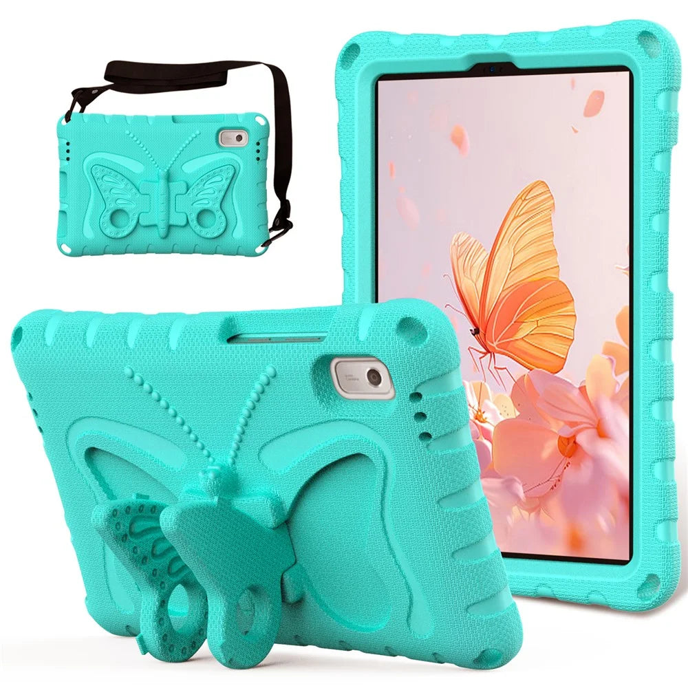 For Lenovo Tab M9 TB-310FU Case Butterfly Kickstand EVA Tablet Cover with Shoulder Strap - Mint Green - 1