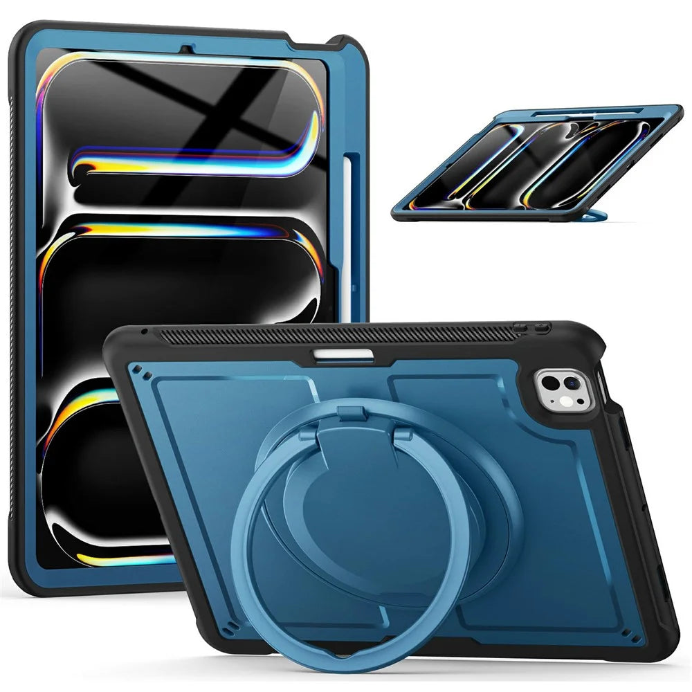 For iPad Pro 13 (2025) / 13 (2024) Case with Pencil Slot Rotating Kickstand PC+TPU Shockproof Tablet Cover - Navy Blue - 1