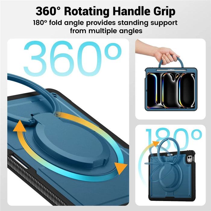 For iPad Pro 13 (2025) / 13 (2024) Case with Pencil Slot Rotating Kickstand PC+TPU Shockproof Tablet Cover - Navy Blue - 6