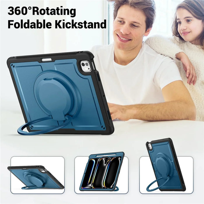For iPad Pro 13 (2025) / 13 (2024) Case with Pencil Slot Rotating Kickstand PC+TPU Shockproof Tablet Cover - Navy Blue - 7