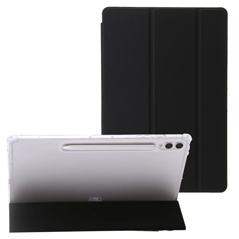 For Samsung Galaxy Tab S10 Ultra Case Tri-Fold Stand Leather+TPU+Acrylic Clear Back Tablet Cover - Black - 1
