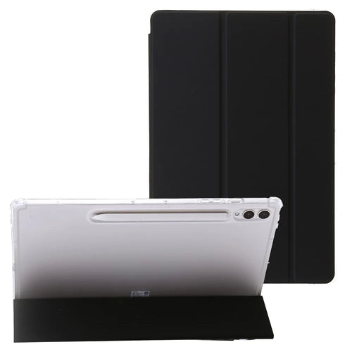 For Samsung Galaxy Tab S10 Ultra Case Tri-Fold Stand Leather+TPU+Acrylic Clear Back Tablet Cover - Black - 1