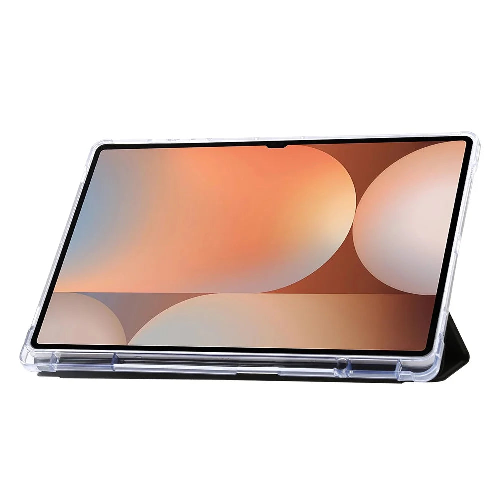 For Samsung Galaxy Tab S10 Ultra Case Tri-Fold Stand Leather+TPU+Acrylic Clear Back Tablet Cover - Black - 2