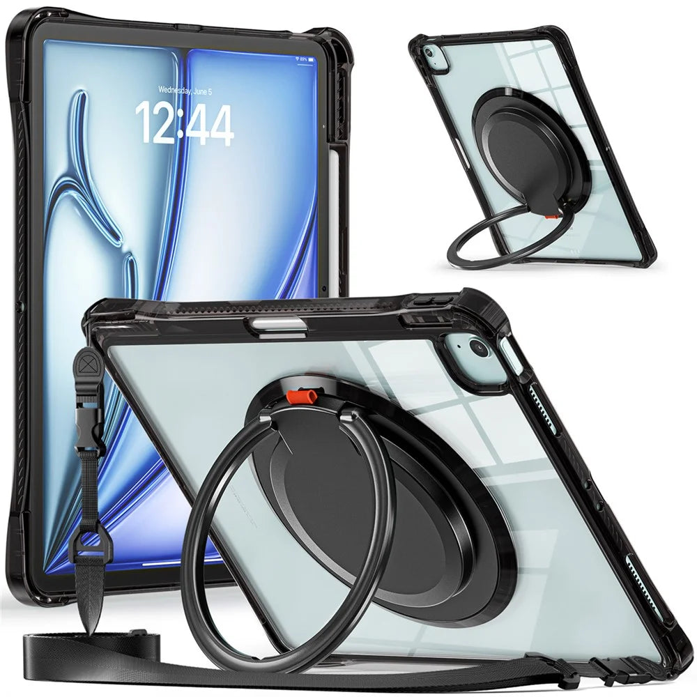 For iPad Air 13 (2026) / (2025) / (2024) / Pro 12.9 (2022) / (2021) / (2020) / (2018) Case with Shoulder Strap Kickstand Tablet Cover - Black - 1