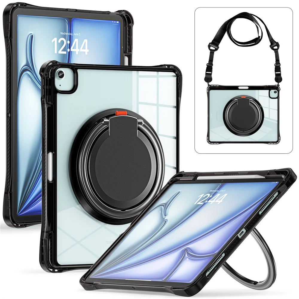 For iPad Air 13 (2026) / (2025) / (2024) / Pro 12.9 (2022) / (2021) / (2020) / (2018) Case with Shoulder Strap Kickstand Tablet Cover - Black - 2