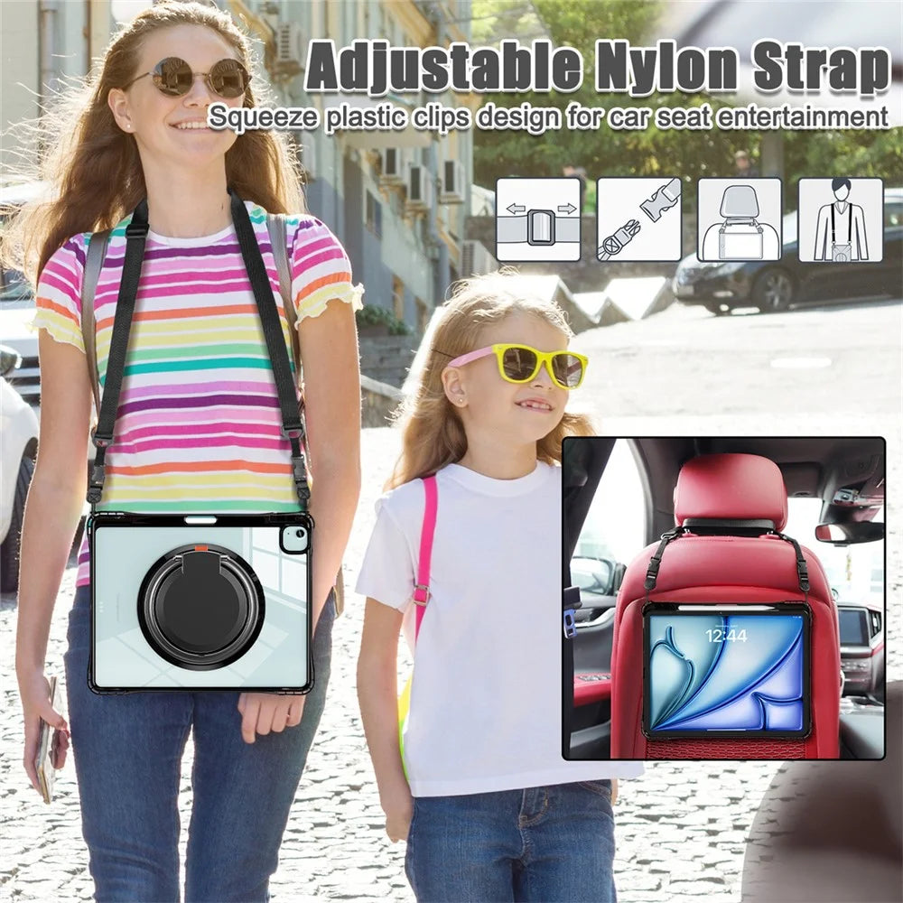 For iPad Air 13 (2026) / (2025) / (2024) / Pro 12.9 (2022) / (2021) / (2020) / (2018) Case with Shoulder Strap Kickstand Tablet Cover - Black - 4