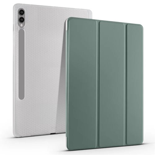 For Samsung Galaxy Tab S10+ Case with Pen Slot Tri-Fold Stand PU Leather+TPU Tablet Cover Auto Wake  /  Sleep - Midnight Green - 1