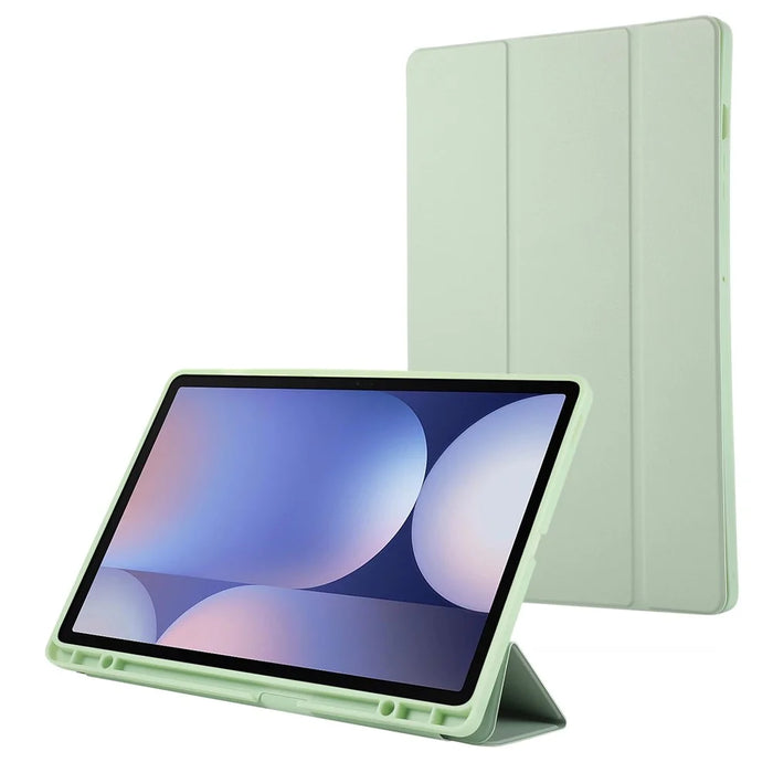 For Samsung Galaxy Tab S10+ Case with Pen Slot Solid Color Tri-Fold Stand PU Leather+TPU Tablet Cover - Green - 1