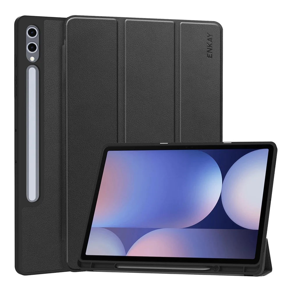 ENKAY HAT PRINCE For Samsung Galaxy Tab S9+ / Galaxy Tab S9 FE+ / Galaxy Tab S10+  Tri-Fold Stand Tablet Case PU Leather+TPU Smart Cover with Pencil Holder - Black - 1