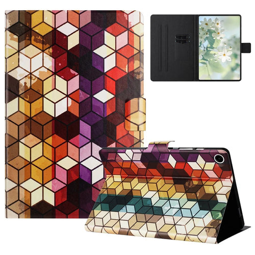 For Lenovo Tab M10 Plus (3rd Gen) TB-128F Case Pattern Printed Stand Litchi Texture Leather Tablet Cover with Card Slots - Block - 1