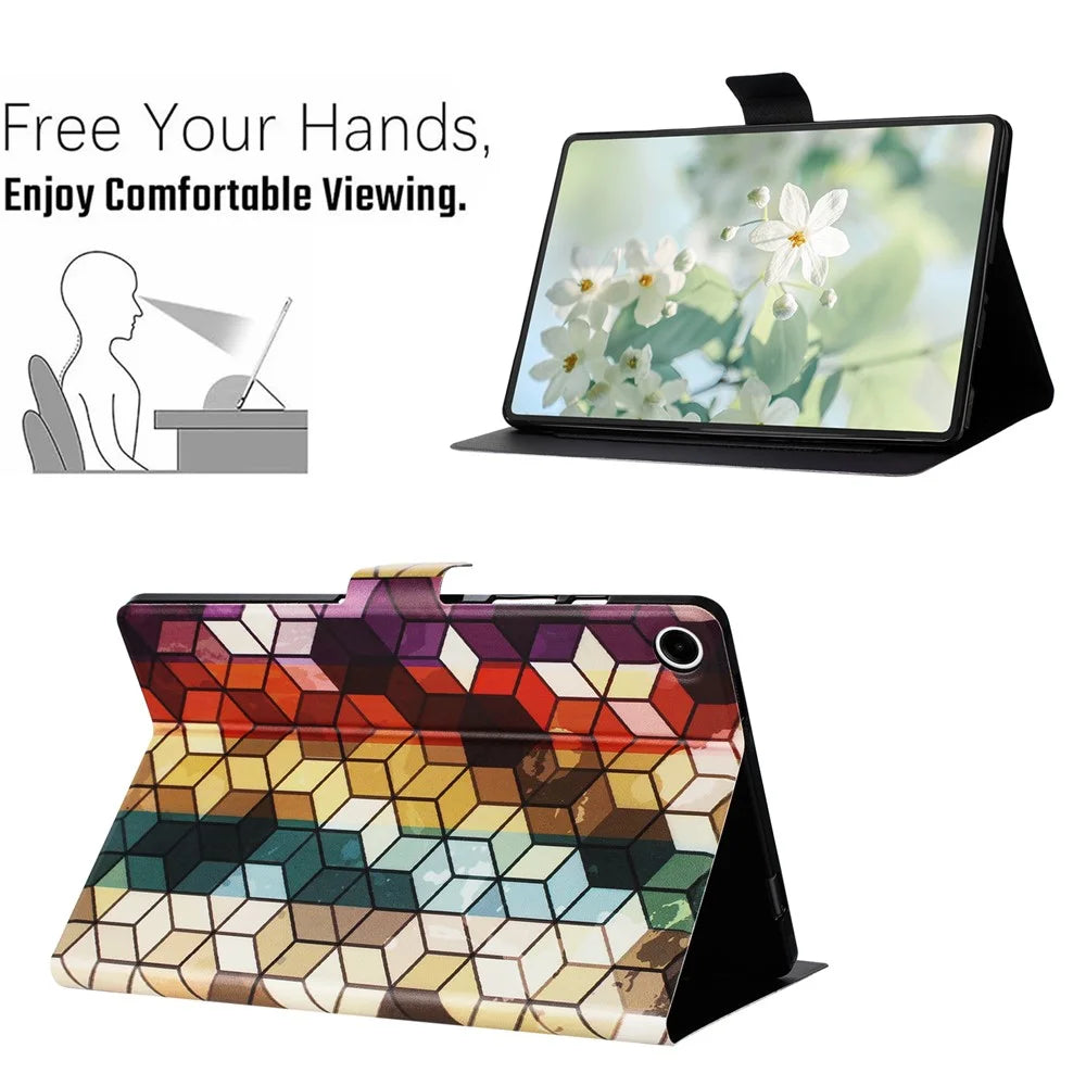 For Lenovo Tab M10 Plus (3rd Gen) TB-128F Case Pattern Printed Stand Litchi Texture Leather Tablet Cover with Card Slots - Block - 7
