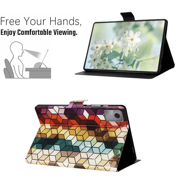 For Lenovo Tab M11 TB-330FU Case Pattern Printed Stand Litchi Texture Leather Tablet Cover with Card Slots - Block - 7