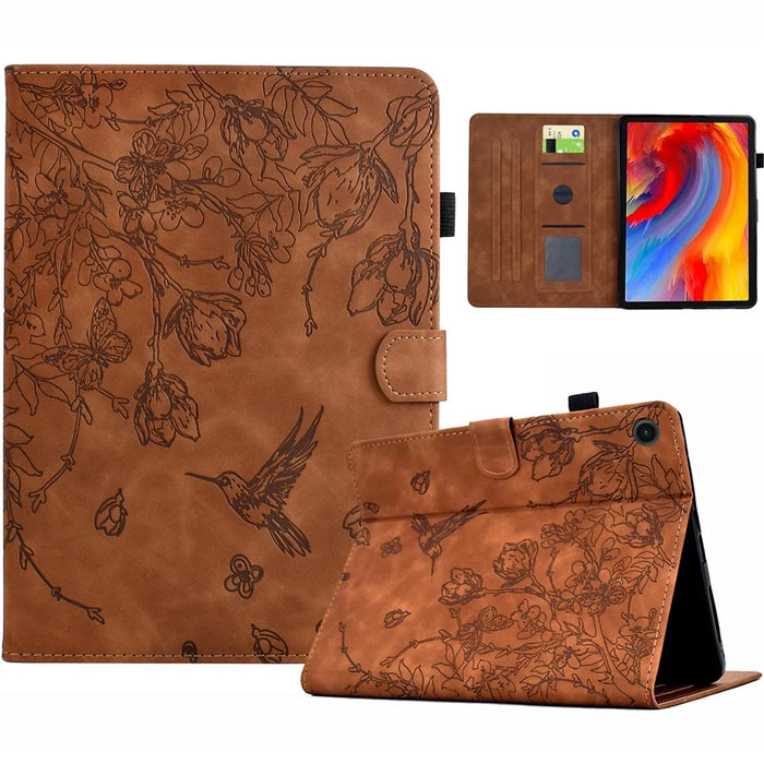 For Samsung Galaxy Tab A9 Case Flower Bird Imprinted Card Holder Leather Tablet Cover - Brown - 1