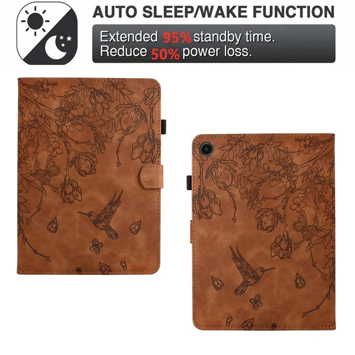 For Samsung Galaxy Tab A9+ Case Flower Bird Imprinted Card Holder Leather Tablet Cover - Brown - 5