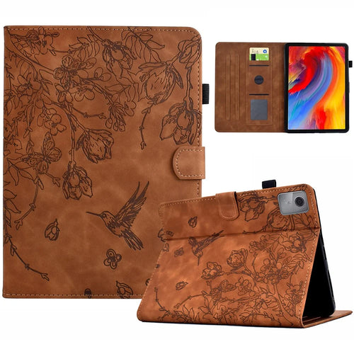 For Lenovo Tab M11 / Xiaoxin Pad 11 2024 Case Flower Bird Imprinted Card Holder Leather Tablet Cover - Brown - 1