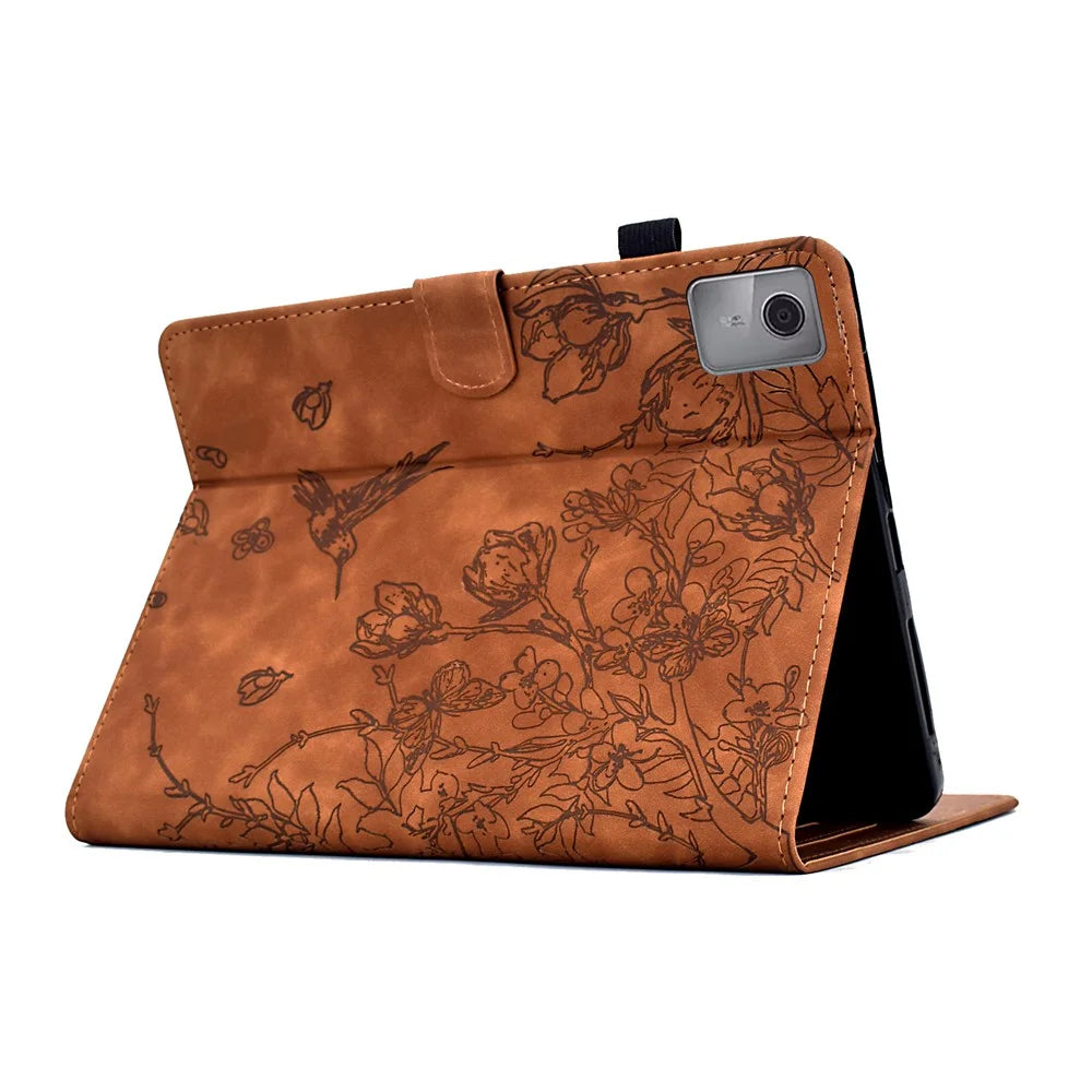 For Lenovo Tab M11 / Xiaoxin Pad 11 2024 Case Flower Bird Imprinted Card Holder Leather Tablet Cover - Brown - 4