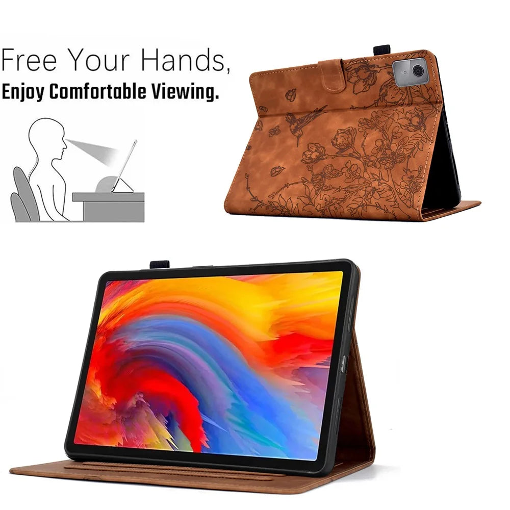 For Lenovo Tab M11 / Xiaoxin Pad 11 2024 Case Flower Bird Imprinted Card Holder Leather Tablet Cover - Brown - 6