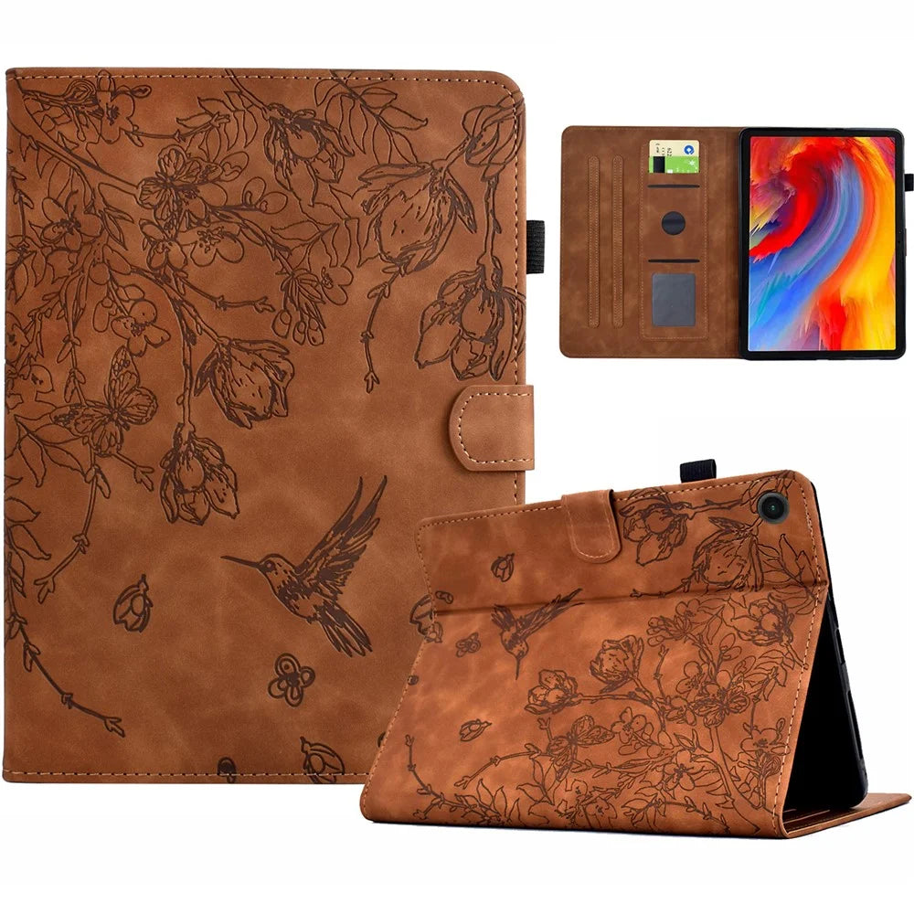 For Samsung Galaxy Tab A8 10.5 (2022) / (2021) X200 X205  Case Flower Bird Imprinted Card Holder Leather Tablet Cover - Brown - 1