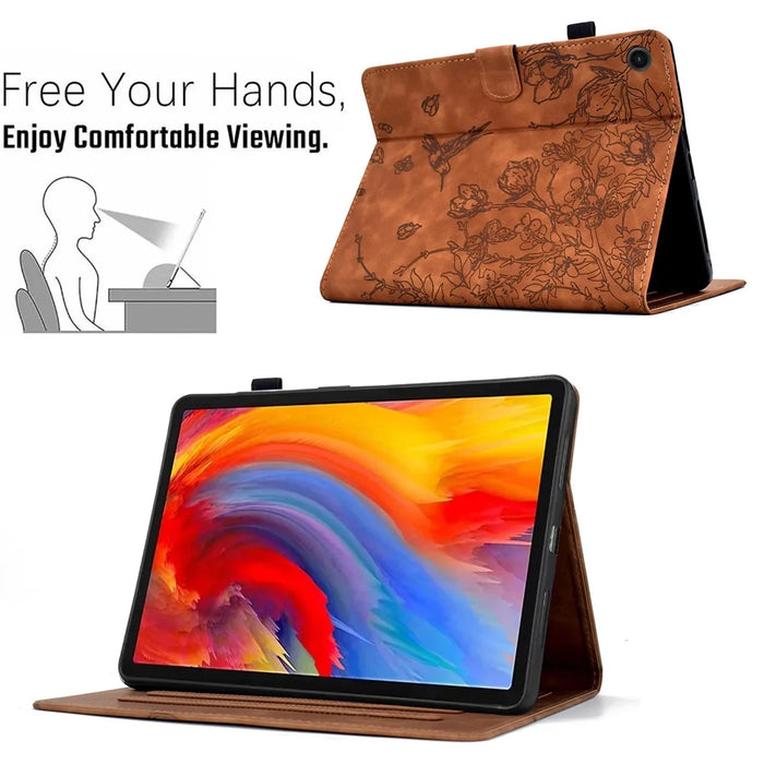For Lenovo Tab M10 (Gen 3) Case Flower Bird Imprinted Card Holder Leather Tablet Cover - Brown - 6