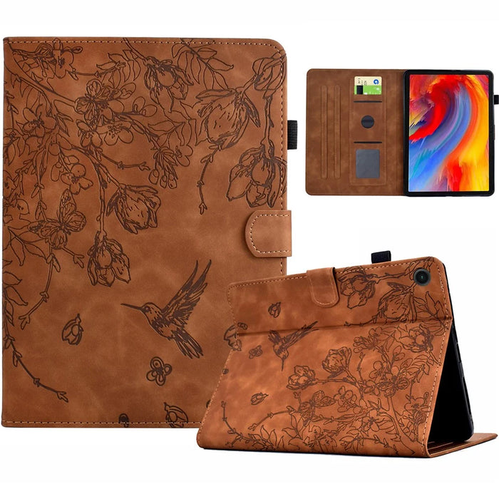 For Lenovo Tab M10 Plus (3rd Gen) Case Flower Bird Imprinted Card Holder Leather Tablet Cover - Brown - 1