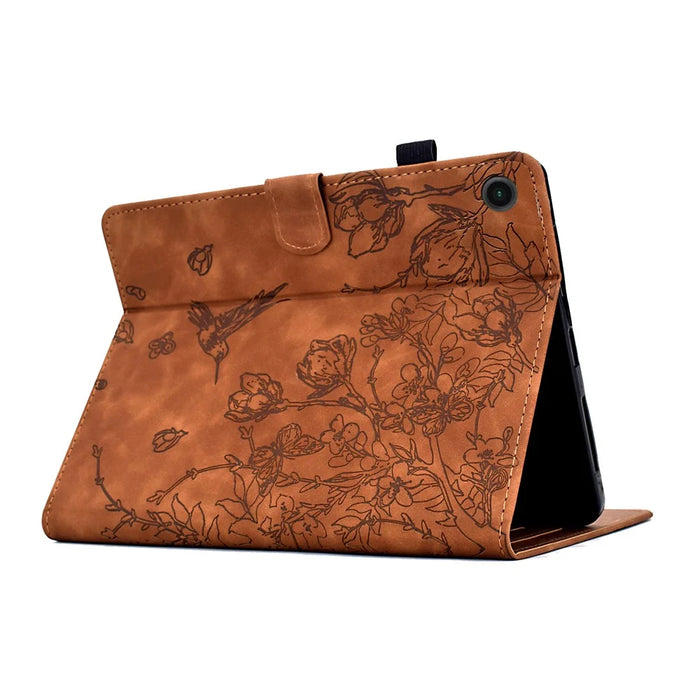 For Lenovo Tab M10 Plus (3rd Gen) Case Flower Bird Imprinted Card Holder Leather Tablet Cover - Brown - 4