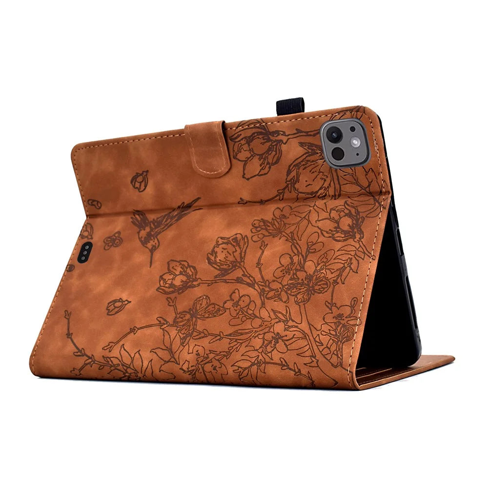For iPad Pro 11 (2025) / (2024) Case Flower Bird Imprinted Card Holder Leather Tablet Cover - Brown - 4