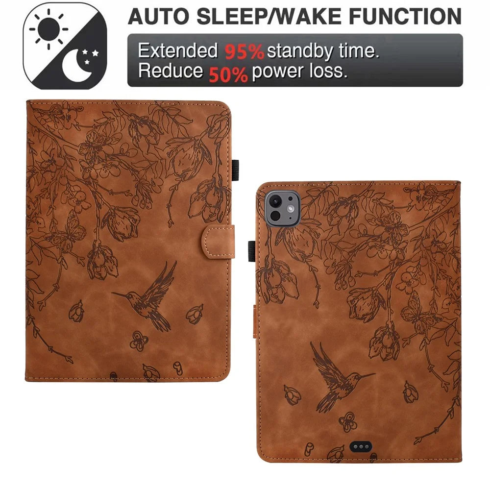 For iPad Pro 11 (2025) / (2024) Case Flower Bird Imprinted Card Holder Leather Tablet Cover - Brown - 5