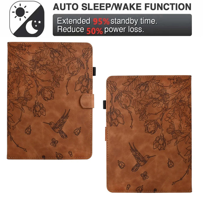 For Amazon Kindle 11th (2024) / 6'' (2022) Case Flower Bird Imprinted Card Holder Leather Tablet Cover - Brown - 5