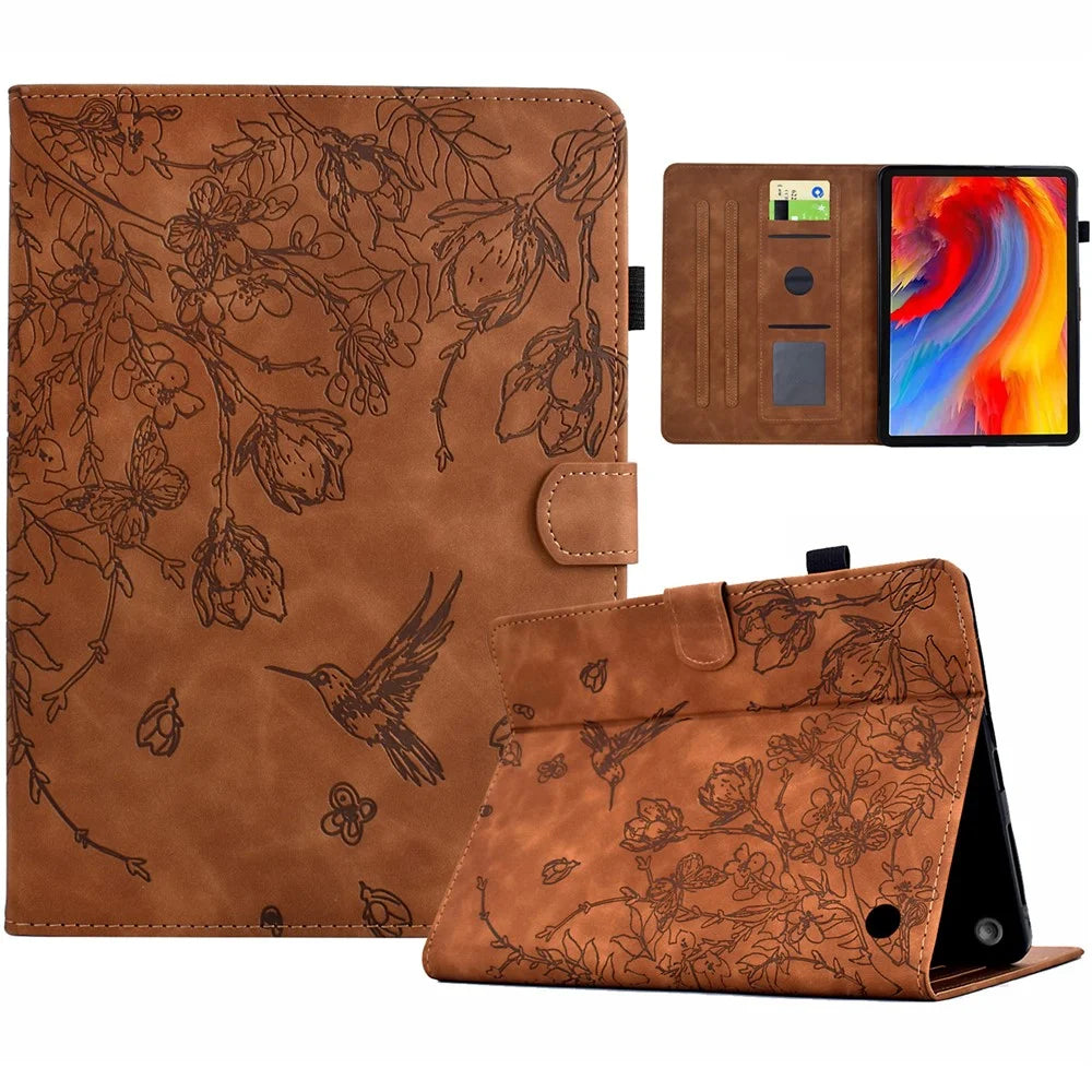 For Amazon Fire 7 (2022) Case Flower Bird Imprinted Card Holder Leather Tablet Cover - Brown - 1