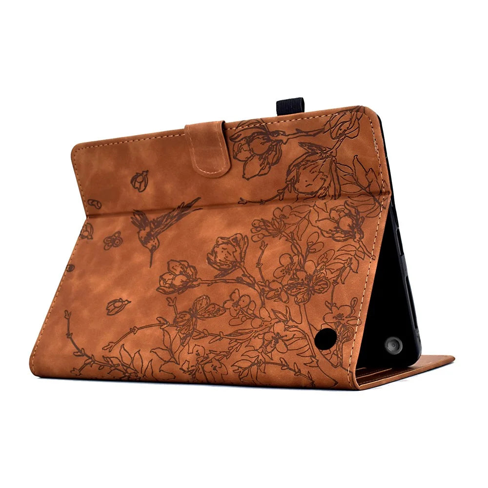 For Amazon Fire 7 (2022) Case Flower Bird Imprinted Card Holder Leather Tablet Cover - Brown - 4