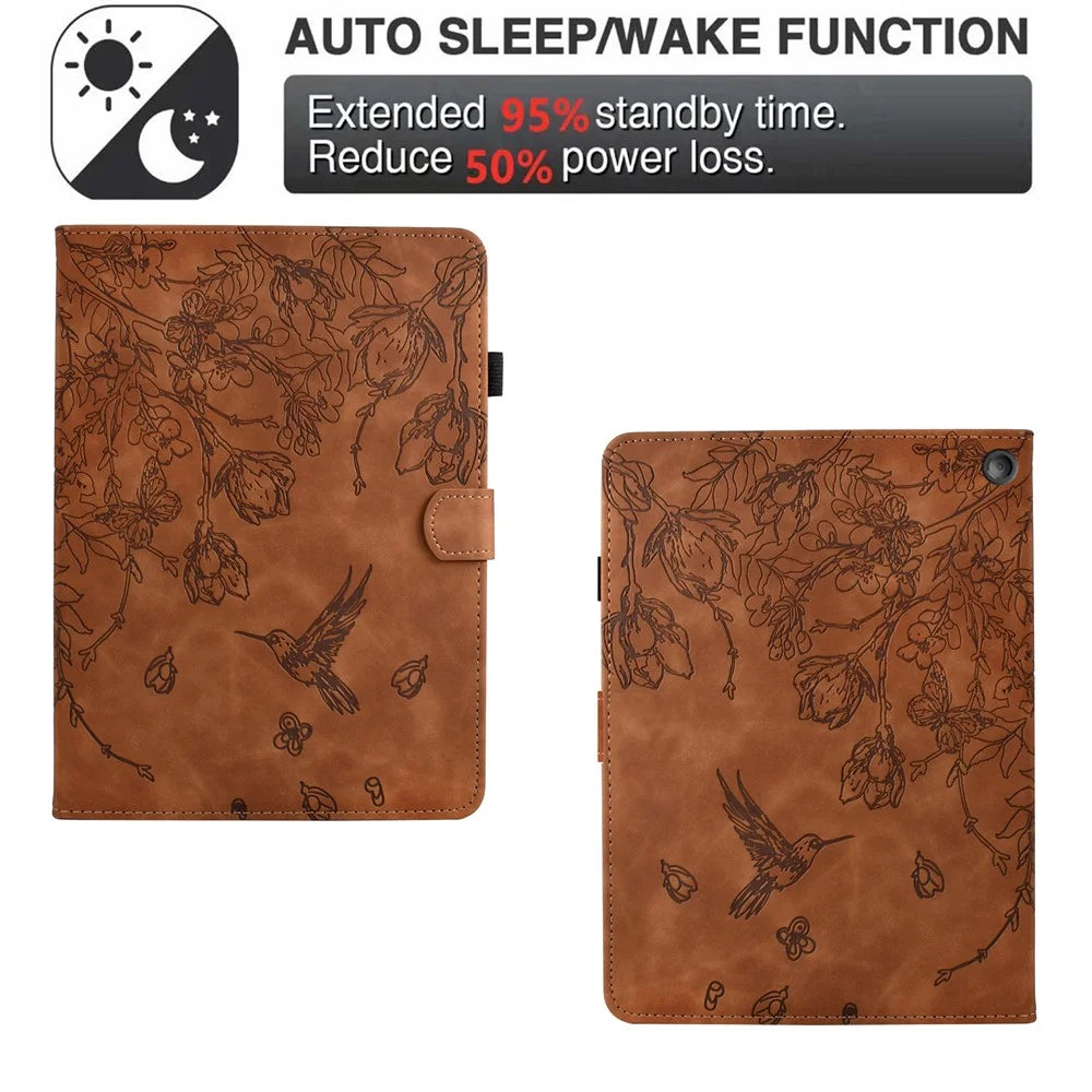 For Amazon Fire 7 (2022) Case Flower Bird Imprinted Card Holder Leather Tablet Cover - Brown - 5