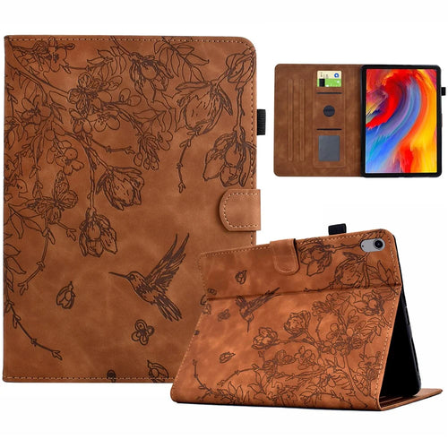 For iPad (2025) / 10.9 (2022) Case Flower Bird Imprinted Card Holder Leather Tablet Cover - Brown - 1