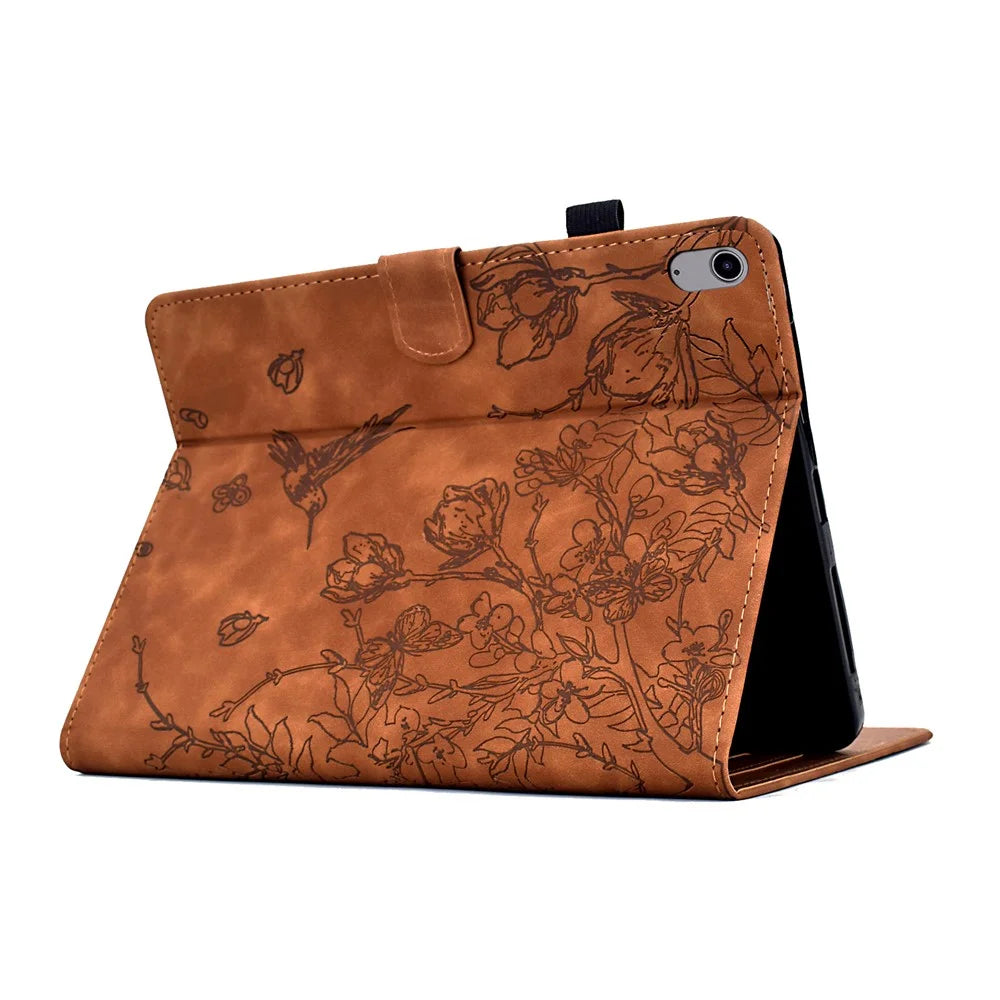 For iPad (2025) / 10.9 (2022) Case Flower Bird Imprinted Card Holder Leather Tablet Cover - Brown - 4