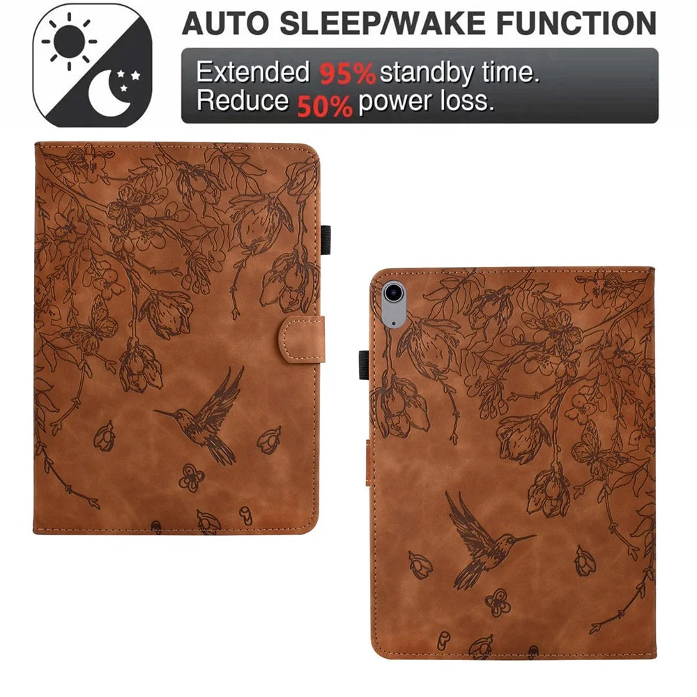 For iPad (2025) / 10.9 (2022) Case Flower Bird Imprinted Card Holder Leather Tablet Cover - Brown - 5