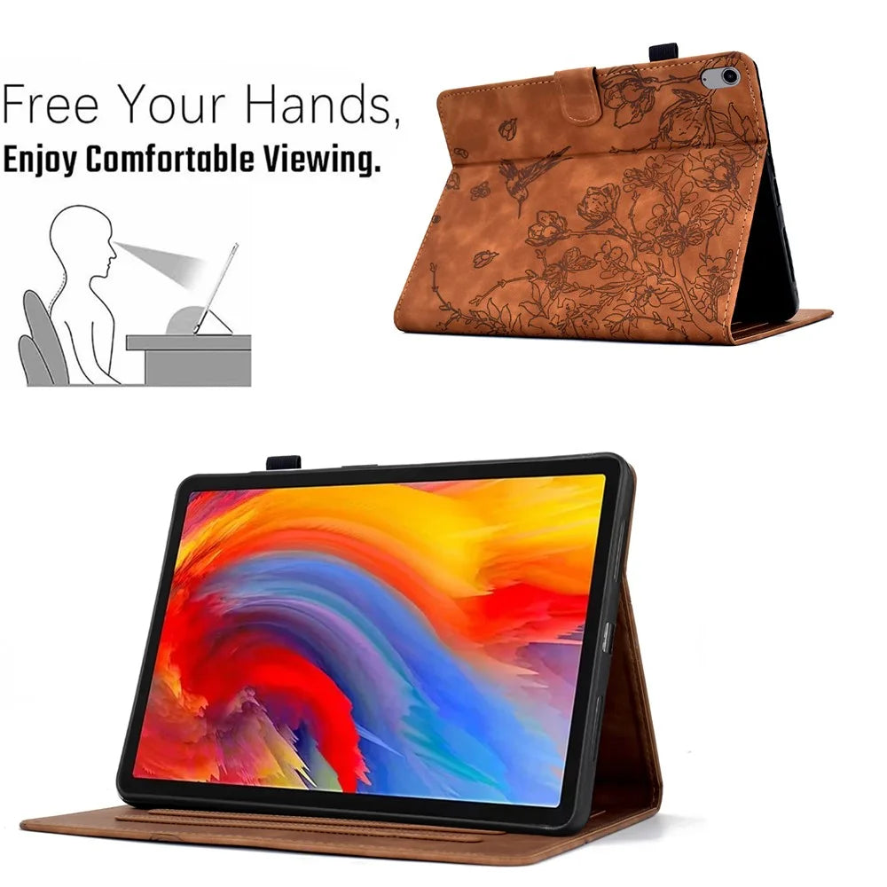 For iPad (2025) / 10.9 (2022) Case Flower Bird Imprinted Card Holder Leather Tablet Cover - Brown - 6