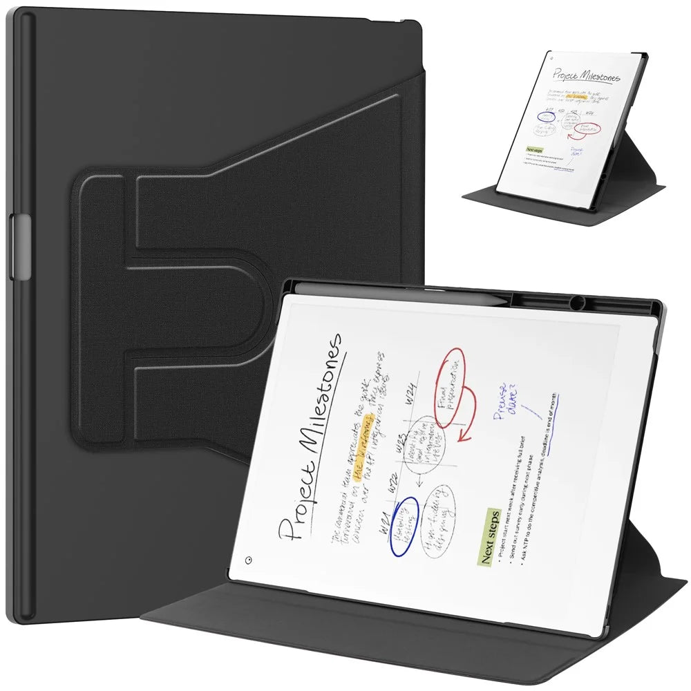 For Remarkable Paper Pro Case Front Support 360 Degree Rotating Stand PC+PU Leather E-Reader Cover - Black - 1