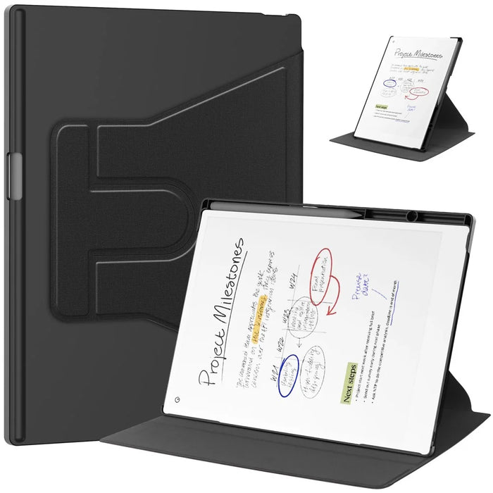 For Remarkable Paper Pro Case Front Support 360 Degree Rotating Stand PC+PU Leather E-Reader Cover - Black - 1