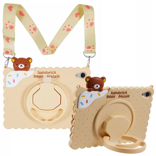 For iPad mini (2024) / mini (2021) Silicone Case Kickstand Cute Bear Tablet Cover with Shoulder Strap - Yellow - 1