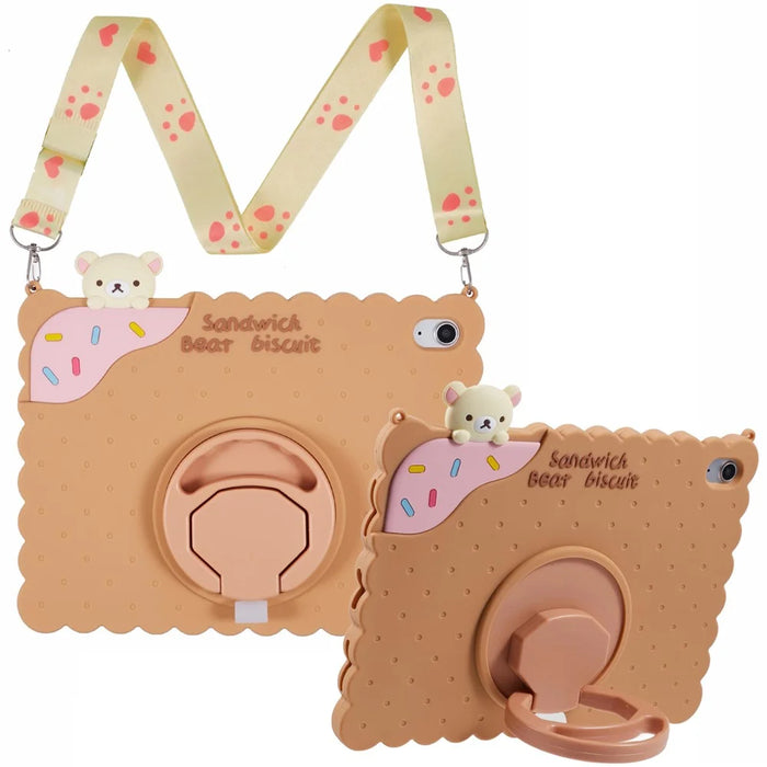 For iPad (2025) / 10.9 (2022) Silicone Case Kickstand Cute Bear Tablet Cover with Shoulder Strap - Brown - 1