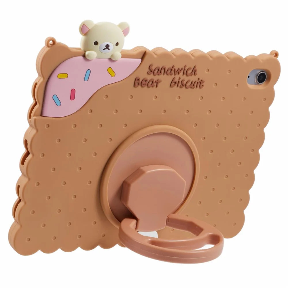 For iPad (2025) / 10.9 (2022) Silicone Case Kickstand Cute Bear Tablet Cover with Shoulder Strap - Brown - 2