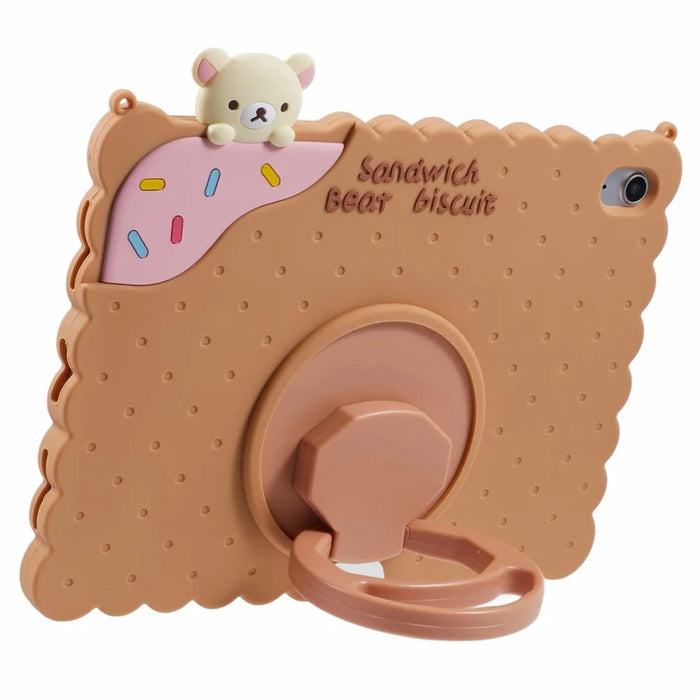 For iPad (2025) / 10.9 (2022) Silicone Case Kickstand Cute Bear Tablet Cover with Shoulder Strap - Brown - 2