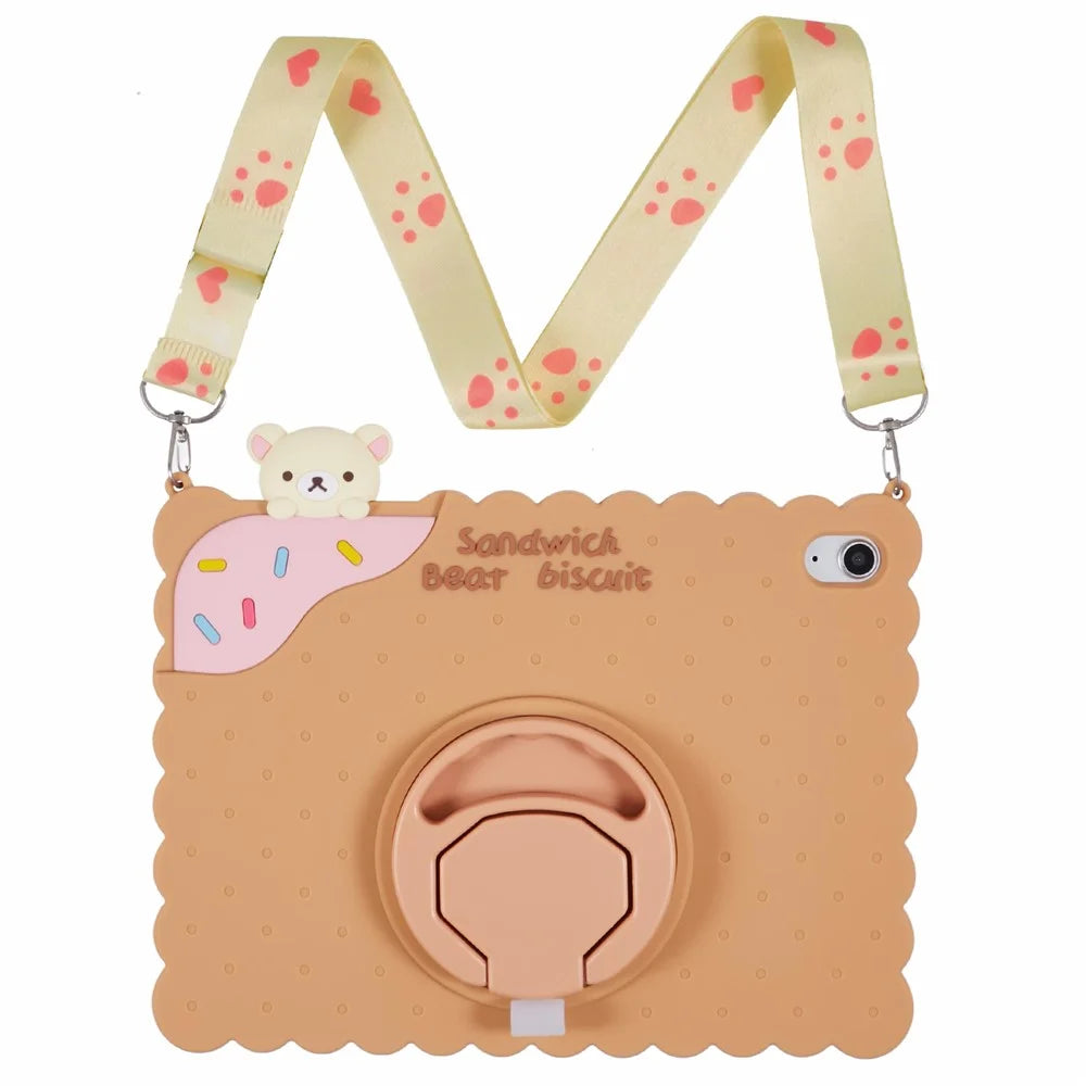 For iPad (2025) / 10.9 (2022) Silicone Case Kickstand Cute Bear Tablet Cover with Shoulder Strap - Brown - 7