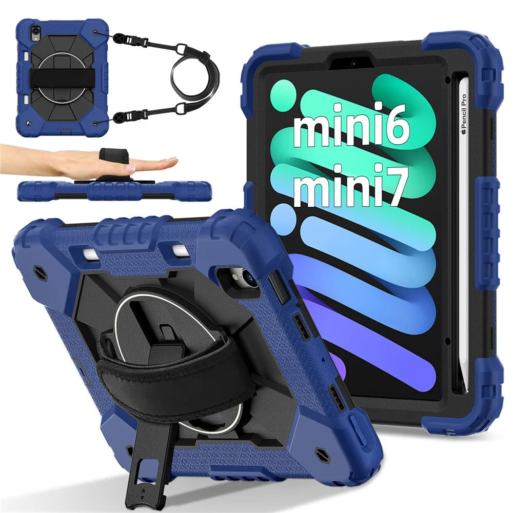 For iPad mini (2024) / (2021) Case Silicone+PC Kickstand Tablet Cover with Handy Strap - Navy Blue / Black - 1