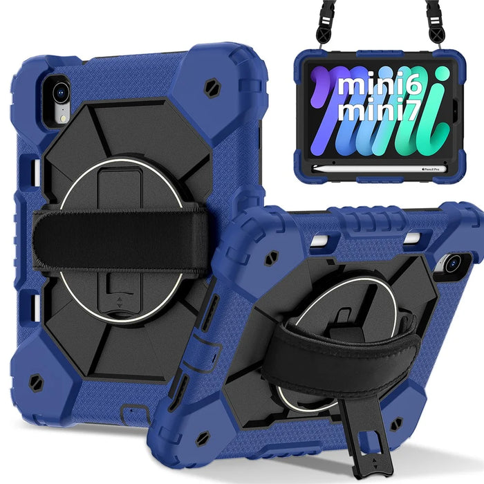 For iPad mini (2024) / (2021) Case Silicone+PC Kickstand Tablet Cover with Handy Strap - Navy Blue / Black - 2