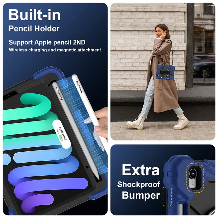 For iPad mini (2024) / (2021) Case Silicone+PC Kickstand Tablet Cover with Handy Strap - Navy Blue / Black - 4