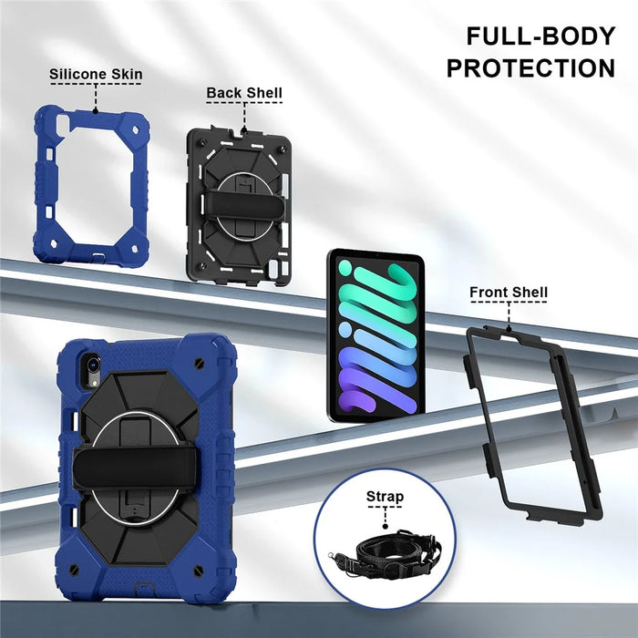 For iPad mini (2024) / (2021) Case Silicone+PC Kickstand Tablet Cover with Handy Strap - Navy Blue / Black - 5