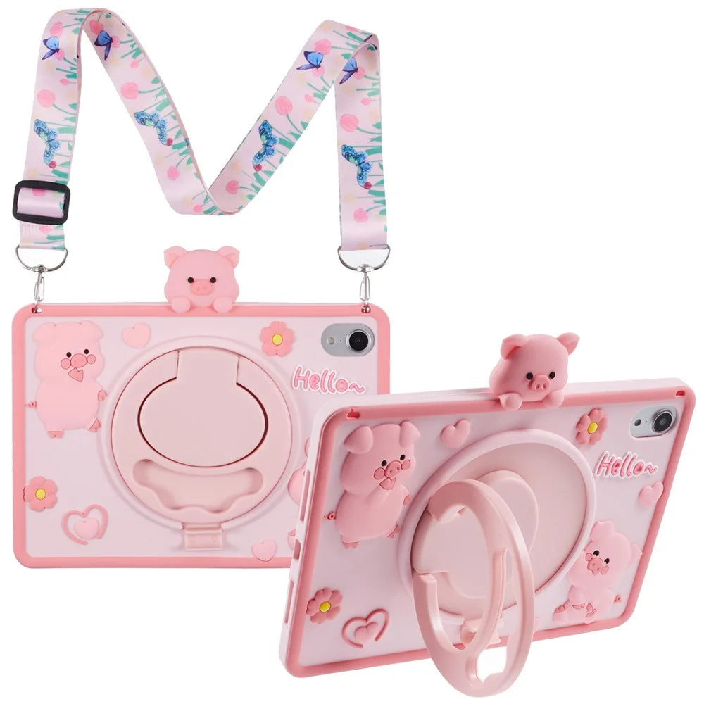 For iPad mini (2024) / mini (2021) Silicone Case with Shoulder Strap Kickstand Cartoon Pig Tablet Cover - 1