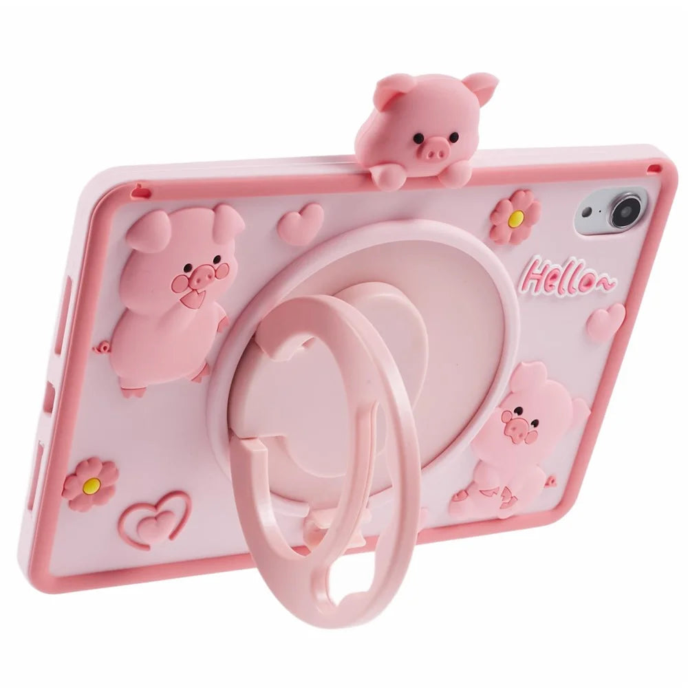 For iPad mini (2024) / mini (2021) Silicone Case with Shoulder Strap Kickstand Cartoon Pig Tablet Cover - 2
